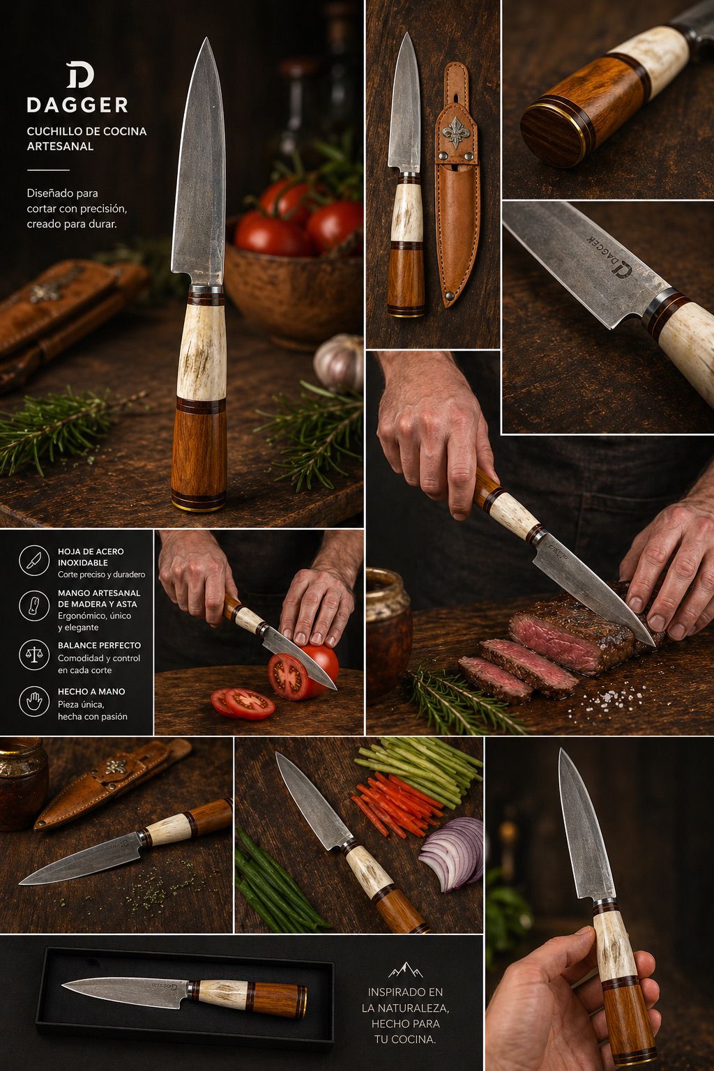 Cuchillo Artesanal Cabo Ciervo y Madera 14 cm