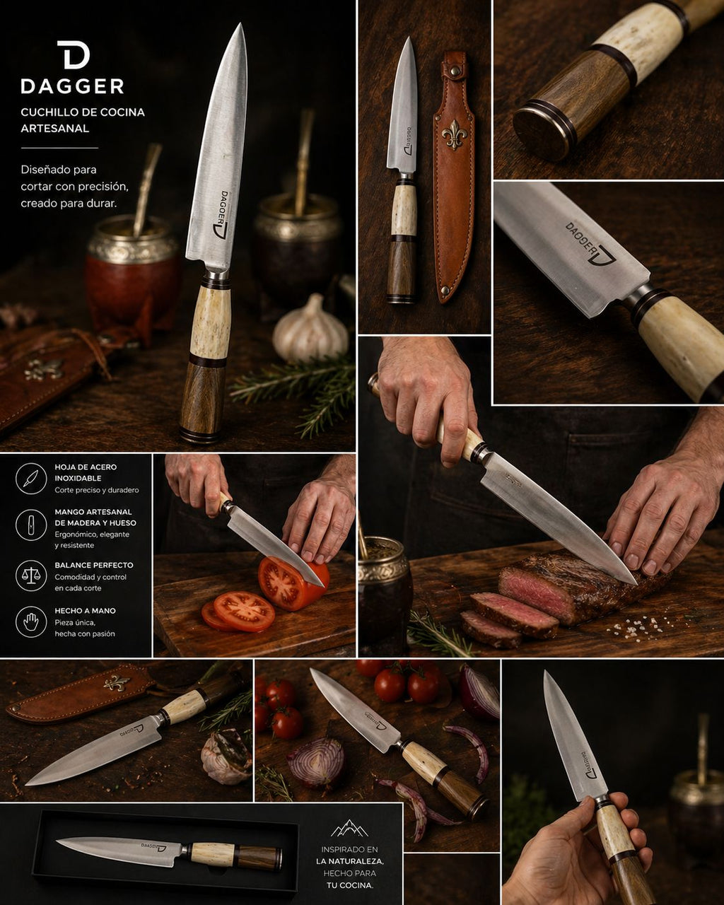 Cuchillo Artesanal Cabo Ciervo y Madera 20 cm